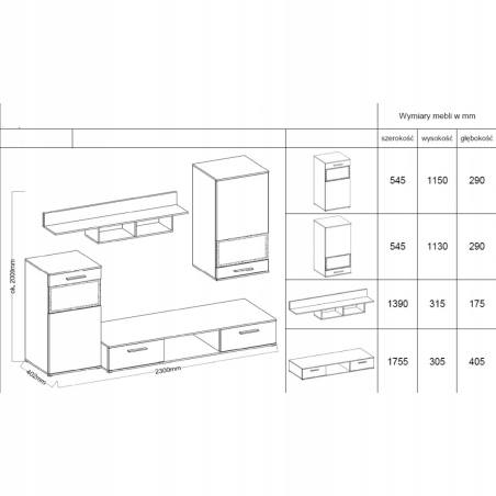 TV WALL UNIT MAXI SonomaOverall dimensions of the wall unit: 2300 x 2000 x 402mm (W x H x D)Number of packages: 2Front:- 15mm white laminated board- melamine rim- glass with a black print- handle: 128mm plasticBody:- 15mm white laminated board- melamine r
