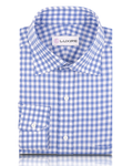 Front view of custom check shirts for men by Luxire light blue checks on white