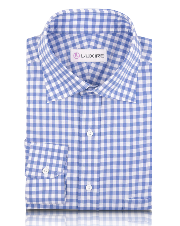 Front view of custom check shirts for men by Luxire light blue checks on white