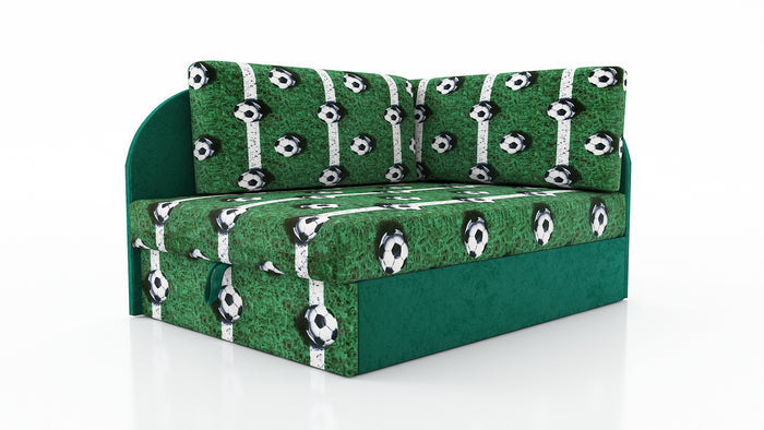 UNIVERSAL CORNER SOFA BED KUBUS CUBE GREEN FOOTBALL Children roomTHIS MODEL IS UNIVERSAL WHICH MEANS YOU CAN CHOOSE CORNER SIDE DURING ASSEMBLYCHILDREN CORNER SOFA BEDSOFKA NAROZNIK TAPCZANIK DZIECIECY - depth 77 cm- width 106 cm- height with bacon 50 cm-