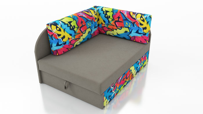 UNIVERSAL CORNER SOFA BED KUBUS CUBE GREY / GRAPHITI Children roomTHIS MODEL IS UNIVERSAL WHICH MEANS YOU CAN CHOOSE CORNER SIDE DURING ASSEMBLYCHILDREN CORNER SOFA BEDSOFKA NAROZNIK TAPCZANIK DZIECIECY - depth 77 cm- width 106 cm- height with bacon 50 cm