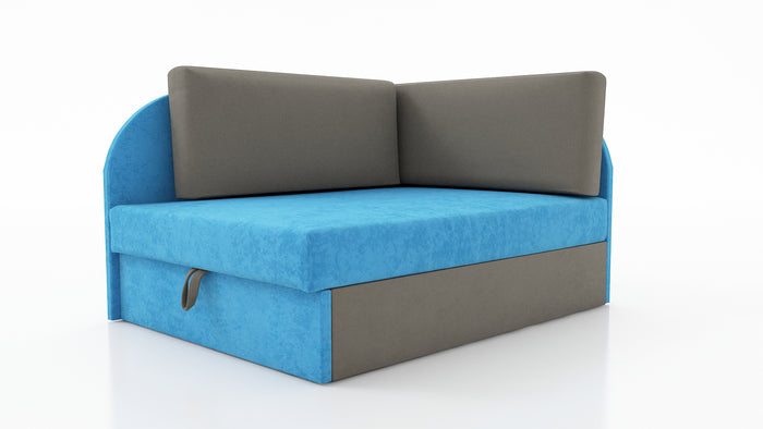 UNIVERSAL CORNER SOFA BED KUBUS CUBE GREY/BLUE Children roomTHIS MODEL IS UNIVERSAL WHICH MEANS YOU CAN CHOOSE CORNER SIDE DURING ASSEMBLYCHILDREN CORNER SOFA BEDSOFKA NAROZNIK TAPCZANIK DZIECIECY - depth 77 cm- width 106 cm- height with bacon 50 cm- 75 x