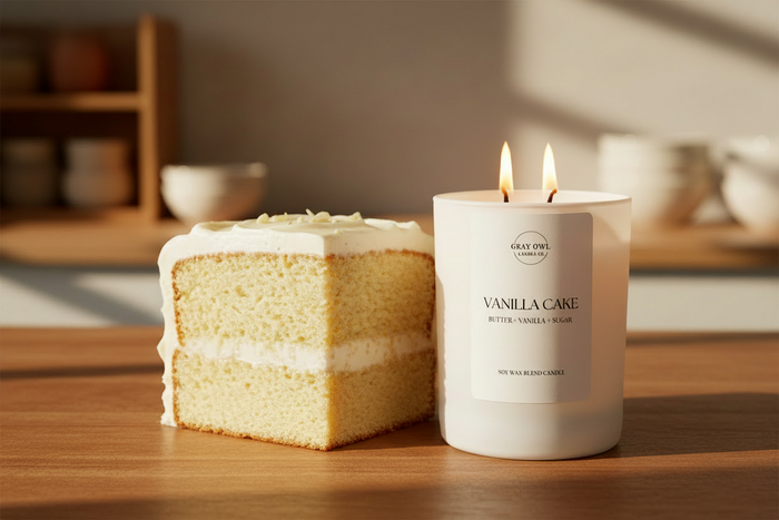 Vanilla cake and a 'Vanilla Cake' candle on a wooden surface with a blurred kitchen background.