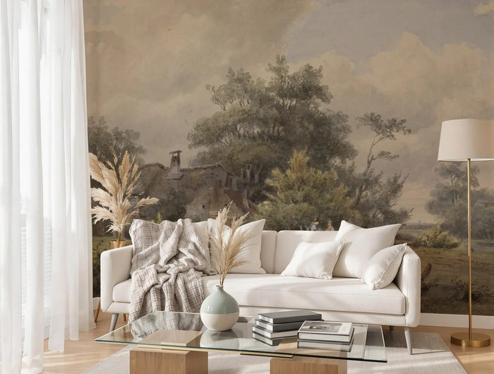 Vintage Village View Wallpaper Mural: Scenic River Palace Peel & Stick