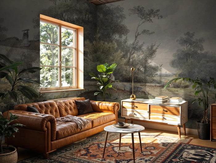 Vintage Village View Wallpaper Mural: Scenic River Palace Peel & Stick