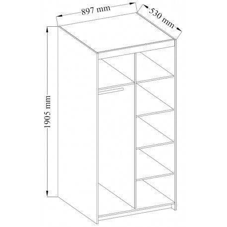 WARDROBE SELENA 2D 90CM WHITEDimensions: 897 x 1905 x 530 mm (W x H x D)Number of packages: 2Front:- 15 mm laminated board - white- melamine edge- handle: 128 mm / plasticBody:- 15 mm laminated board - white- melamine edgepack 1/21995 x 585 x 85mmweight -