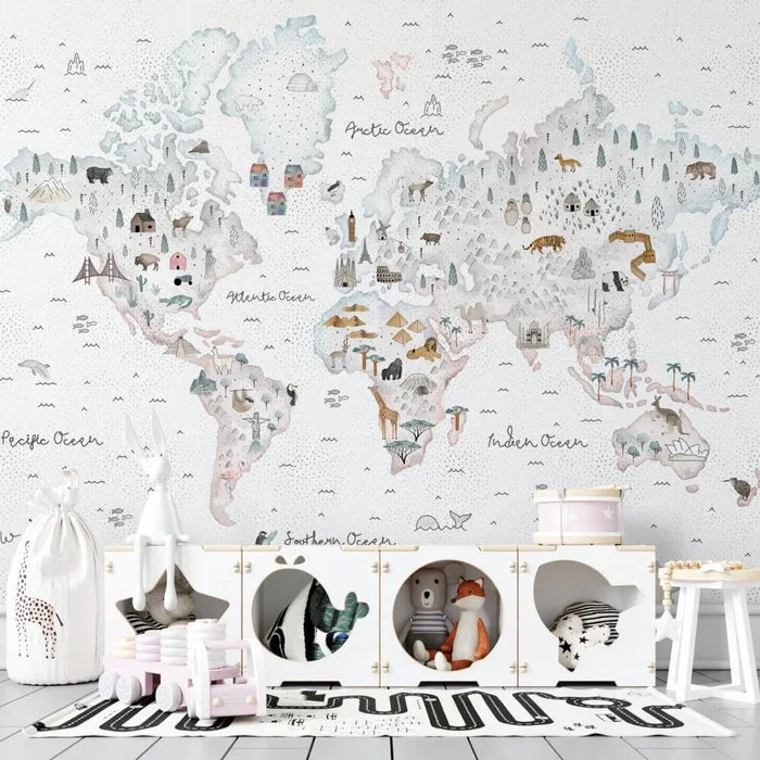 Watercolor Animal World Map Wallpaper - Kids Nursery Decor (Peel & Stick)