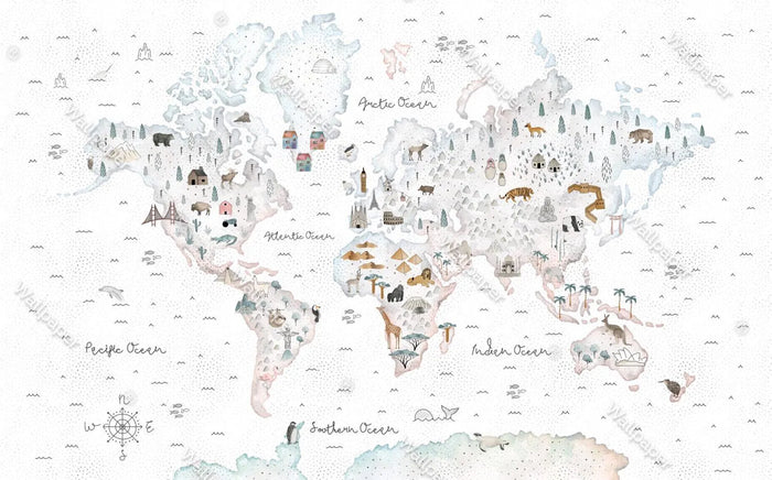 Watercolor Animal World Map Wallpaper - Kids Nursery Decor (Peel & Stick)