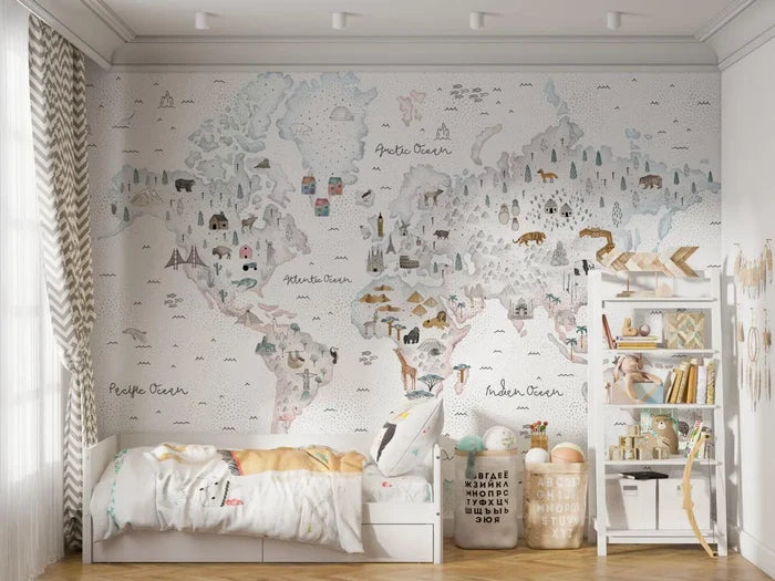 Watercolor Animal World Map Wallpaper - Kids Nursery Decor (Peel & Stick)