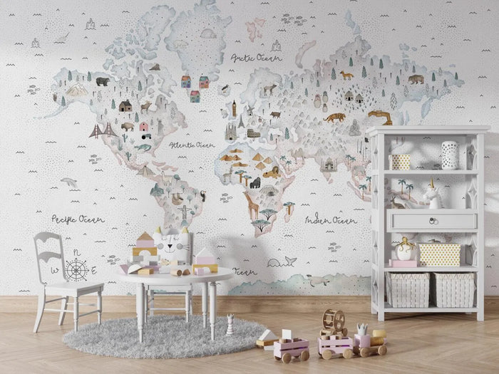 Watercolor Animal World Map Wallpaper - Kids Nursery Decor (Peel & Stick)