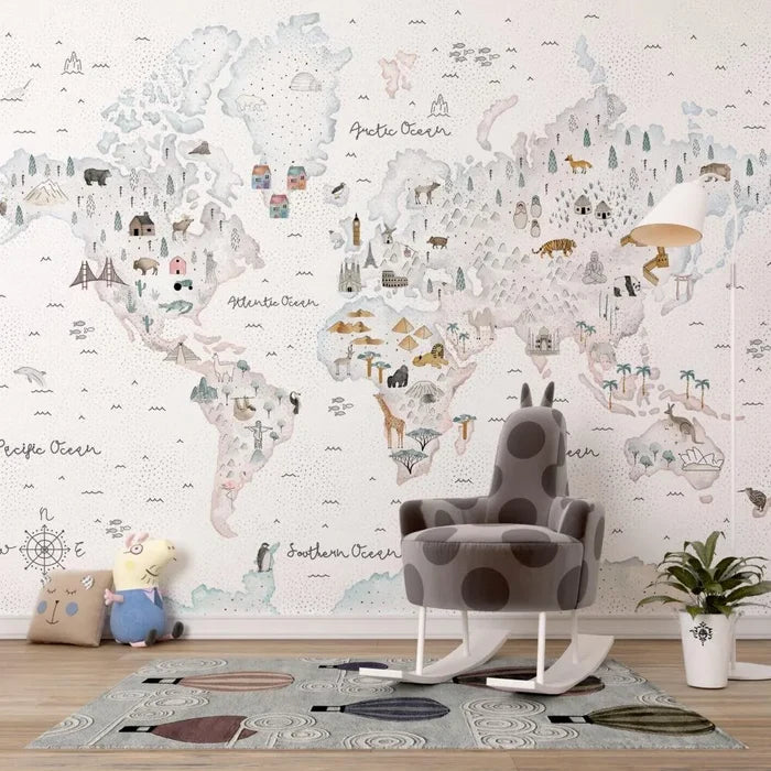 Watercolor Animal World Map Wallpaper - Kids Nursery Decor (Peel & Stick)
