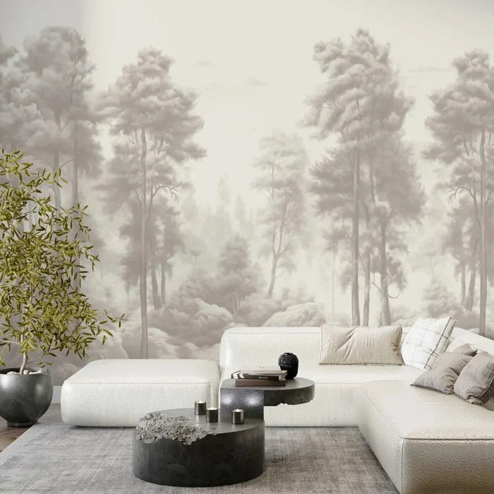 Watercolor Forest Wallpaper: Grey Monochrome Trees, Peel and Stick Mural