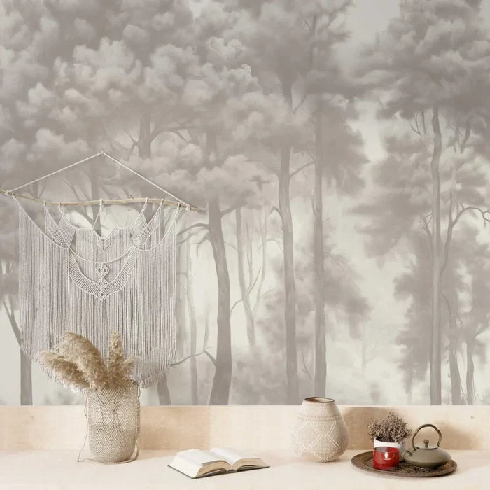 Watercolor Forest Wallpaper: Grey Monochrome Trees, Peel and Stick Mural