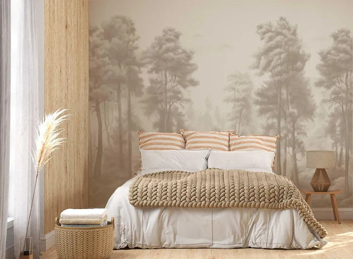 Watercolor Forest Wallpaper: Grey Monochrome Trees, Peel and Stick Mural
