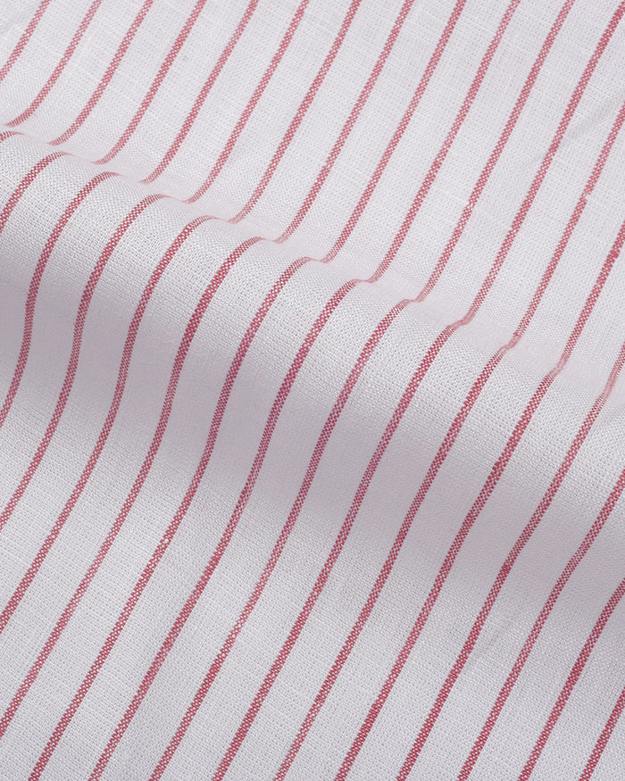 Close up of the custom linen shirt for men in white and red pinstripes by Luxire Clothing