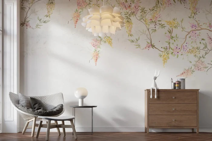 Wisteria Flower Tree Wallpaper, Boho Floral Wall Mural, Removable Wallpaper