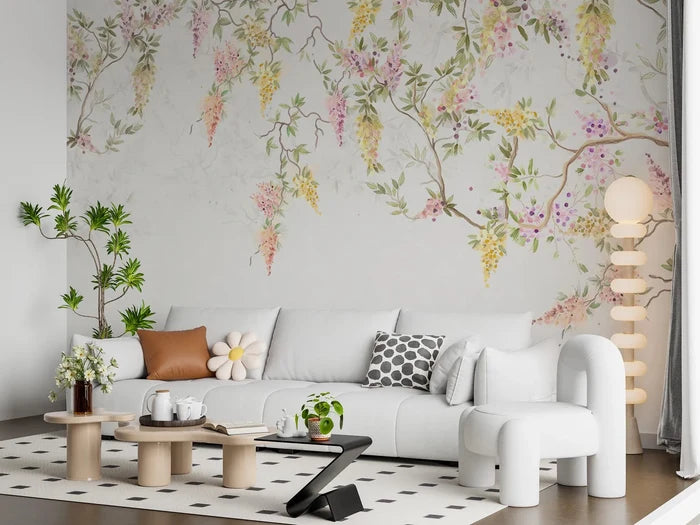 Wisteria Flower Tree Wallpaper, Boho Floral Wall Mural, Removable Wallpaper
