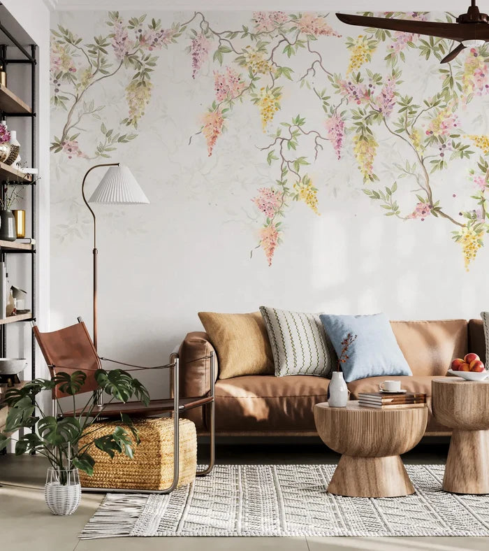 Wisteria Flower Tree Wallpaper, Boho Floral Wall Mural, Removable Wallpaper