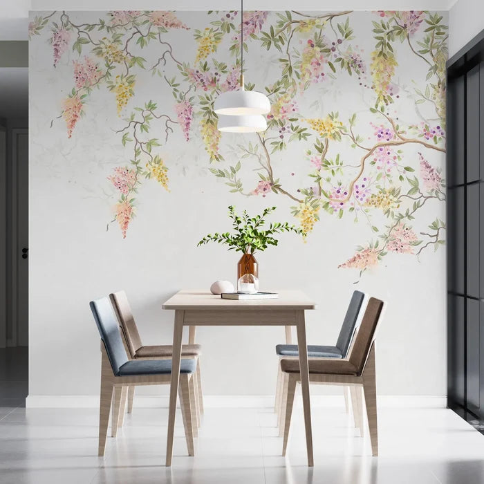 Wisteria Flower Tree Wallpaper, Boho Floral Wall Mural, Removable Wallpaper