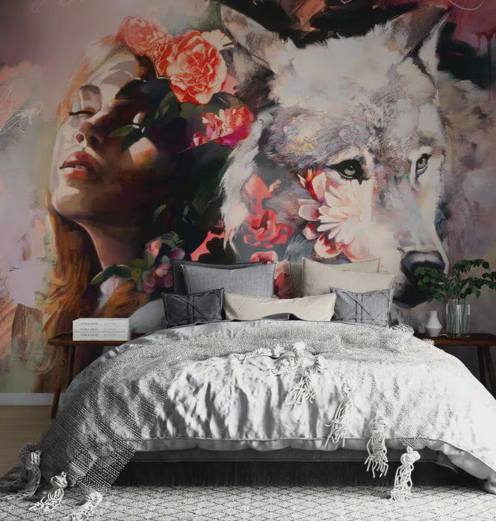 Woman and Wolf Love Wallpaper - Modern Wallpaper
