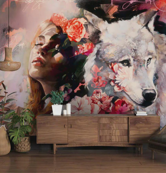 Woman and Wolf Love Wallpaper - Modern Wallpaper