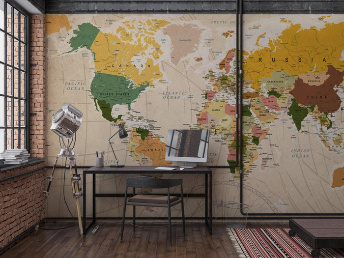 World Map Peel and Stick Wallpaper: Modern Office Wall Mural