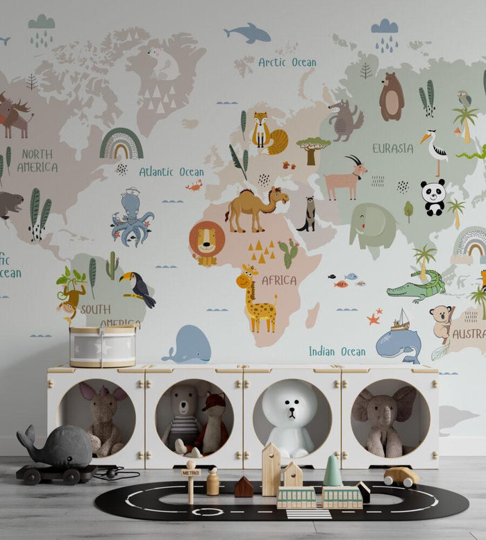 World Map Wallpaper: Kids Nursery Mural with Animals