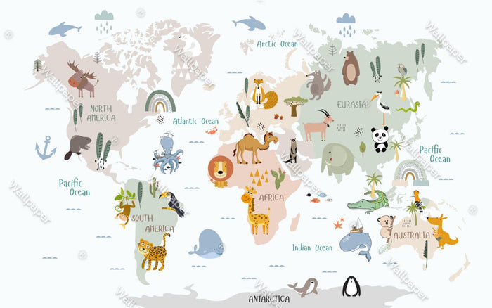 World Map Wallpaper: Kids Nursery Mural with Animals