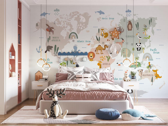World Map Wallpaper: Kids Nursery Mural with Animals