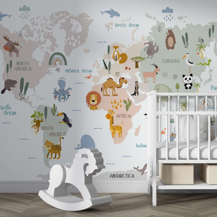 World Map Wallpaper: Kids Nursery Mural with Animals