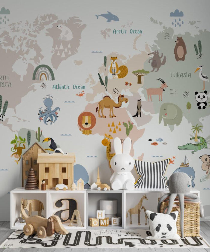 World Map Wallpaper: Kids Nursery Mural with Animals