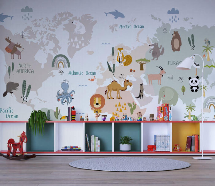 World Map Wallpaper: Kids Nursery Mural with Animals