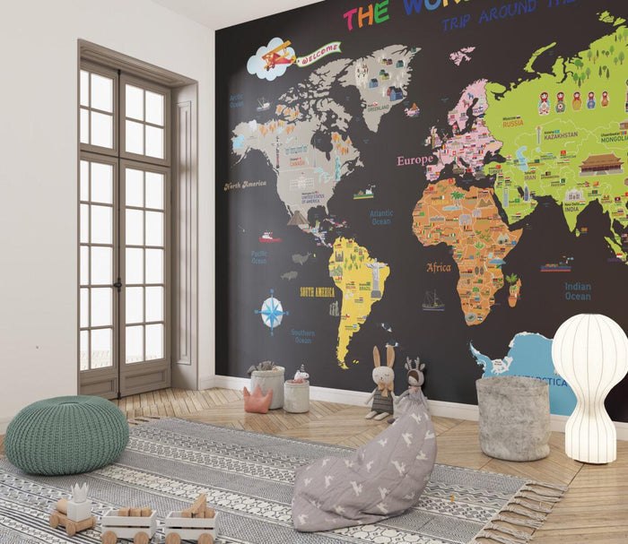 World Map Wallpaper Mural: Nursery Decor, Famous Buildings
