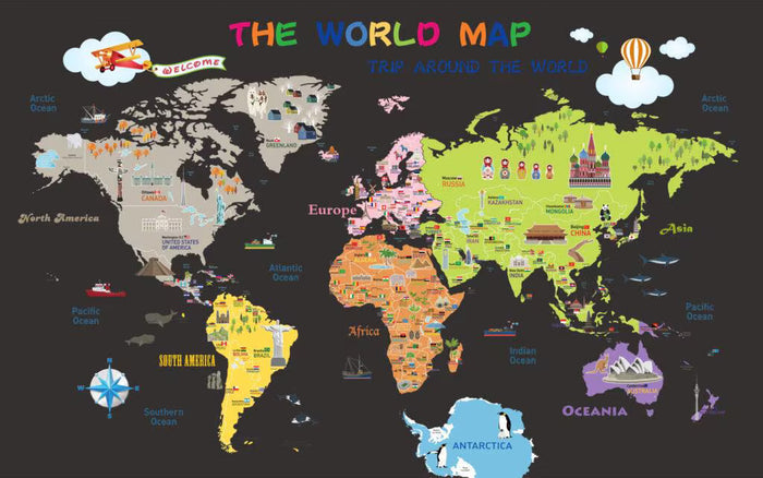 World Map Wallpaper Mural: Nursery Decor, Famous Buildings