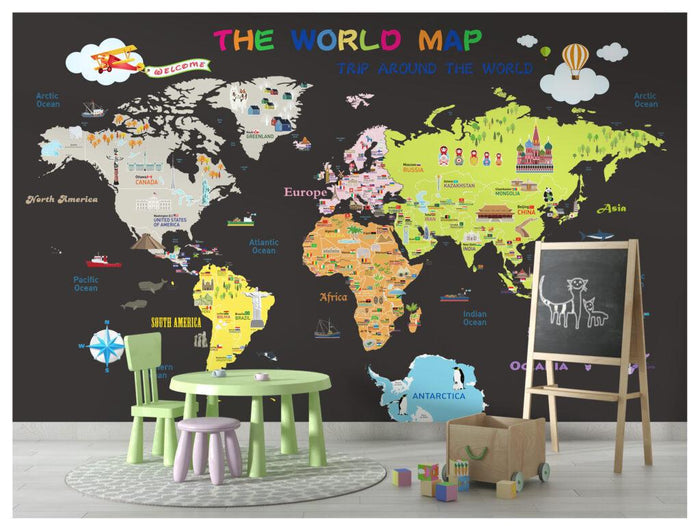 World Map Wallpaper Mural: Nursery Decor, Famous Buildings