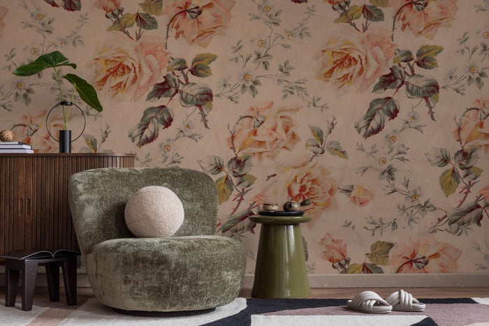 Yellow Pink Roses Wallpaper: Embossed Floral Mural, Removable Wallpaper
