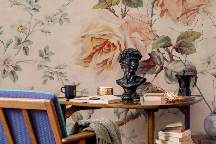 Yellow Pink Roses Wallpaper: Embossed Floral Mural, Removable Wallpaper