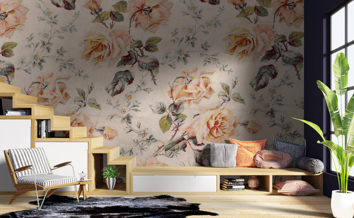 Yellow Pink Roses Wallpaper: Embossed Floral Mural, Removable Wallpaper