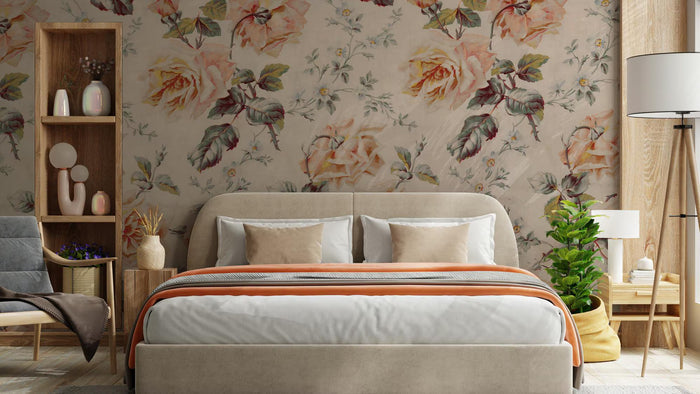 Yellow Pink Roses Wallpaper: Embossed Floral Mural, Removable Wallpaper