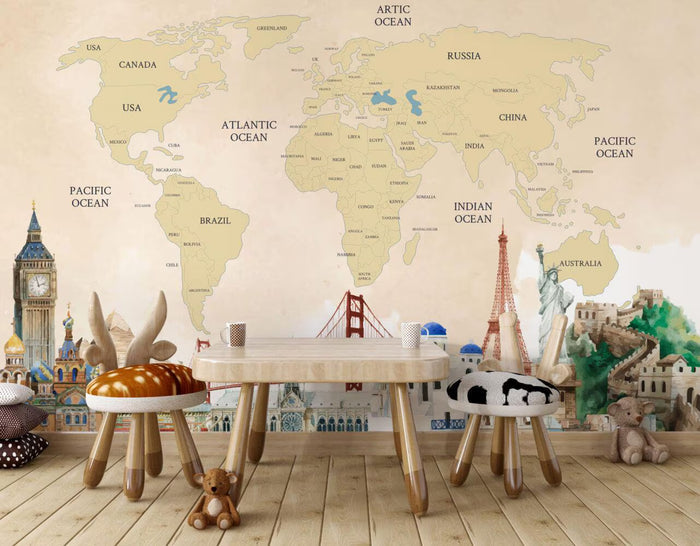 Yellow Tones World Map Wallpaper: Political Nursery Decor, Peel and Stick