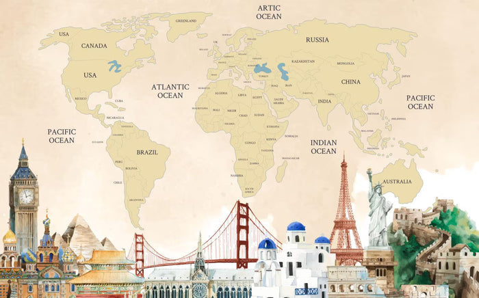 Yellow Tones World Map Wallpaper: Political Nursery Decor, Peel and Stick