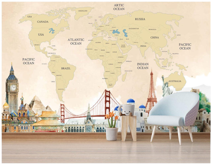 Yellow Tones World Map Wallpaper: Political Nursery Decor, Peel and Stick