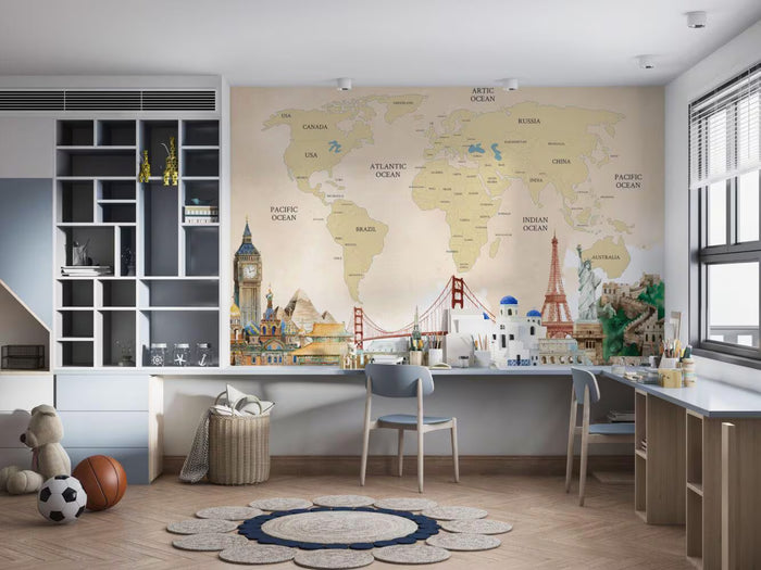 Yellow Tones World Map Wallpaper: Political Nursery Decor, Peel and Stick