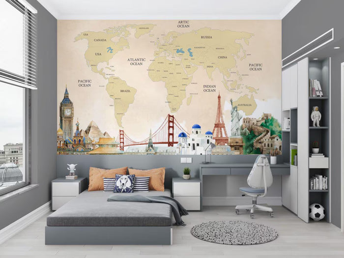 Yellow Tones World Map Wallpaper: Political Nursery Decor, Peel and Stick