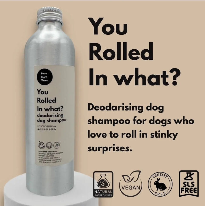 Deodorizing dog shampoo bottle with product description on a beige background